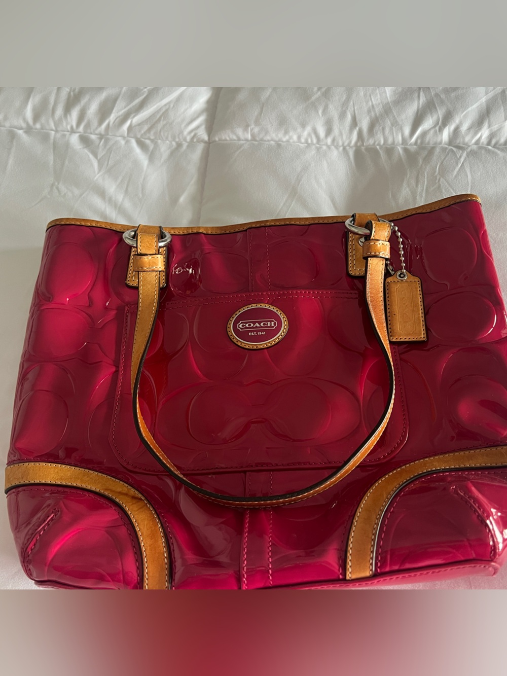 Coach Patent Leather Tote in Fuchsia with Tan Trim